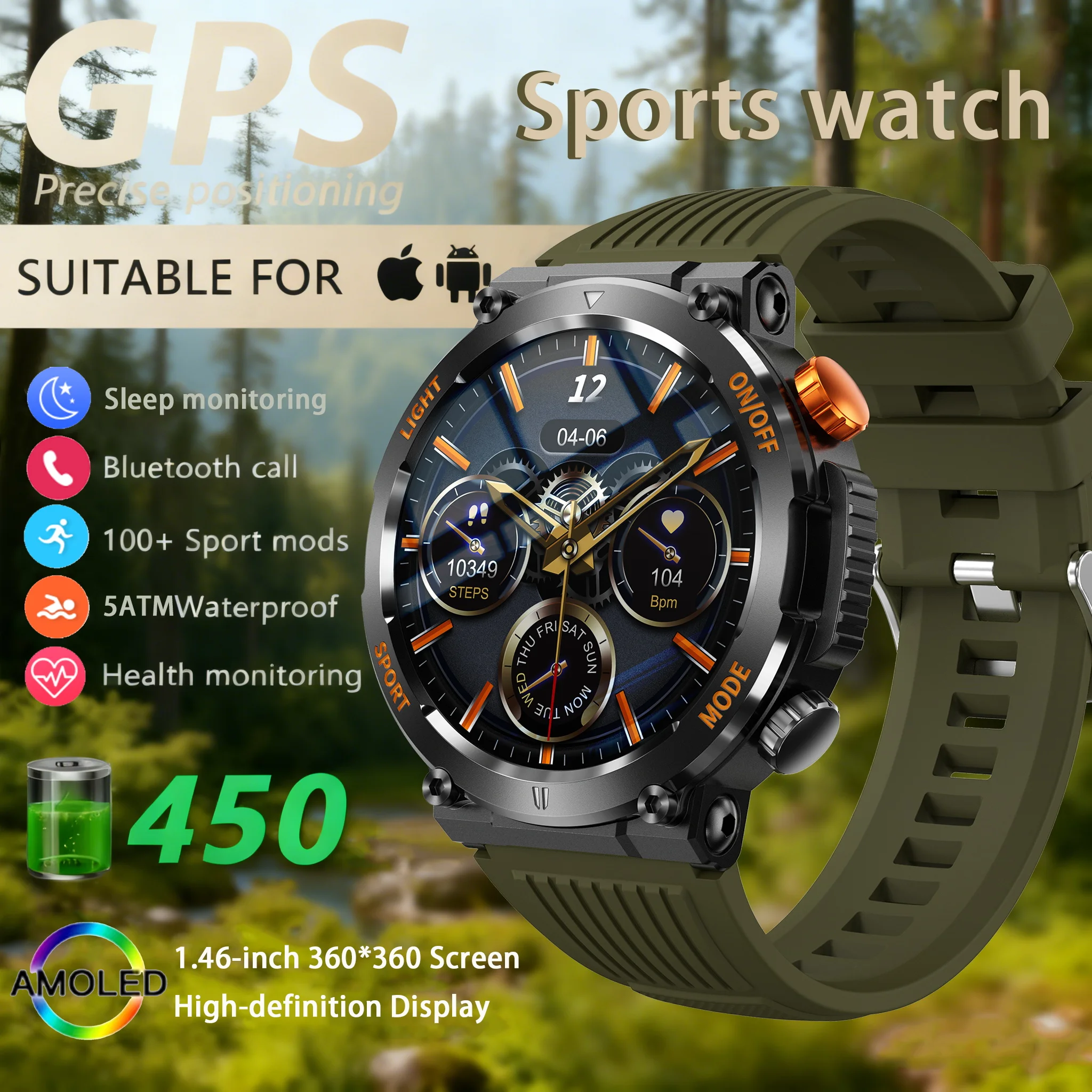 

2025 NEW 1.46-inch Outdoor Military Smart Watch 5ATM Waterproof Bulit-in GPS Compass Altimeter Barometric HD Call Smartwatch Men