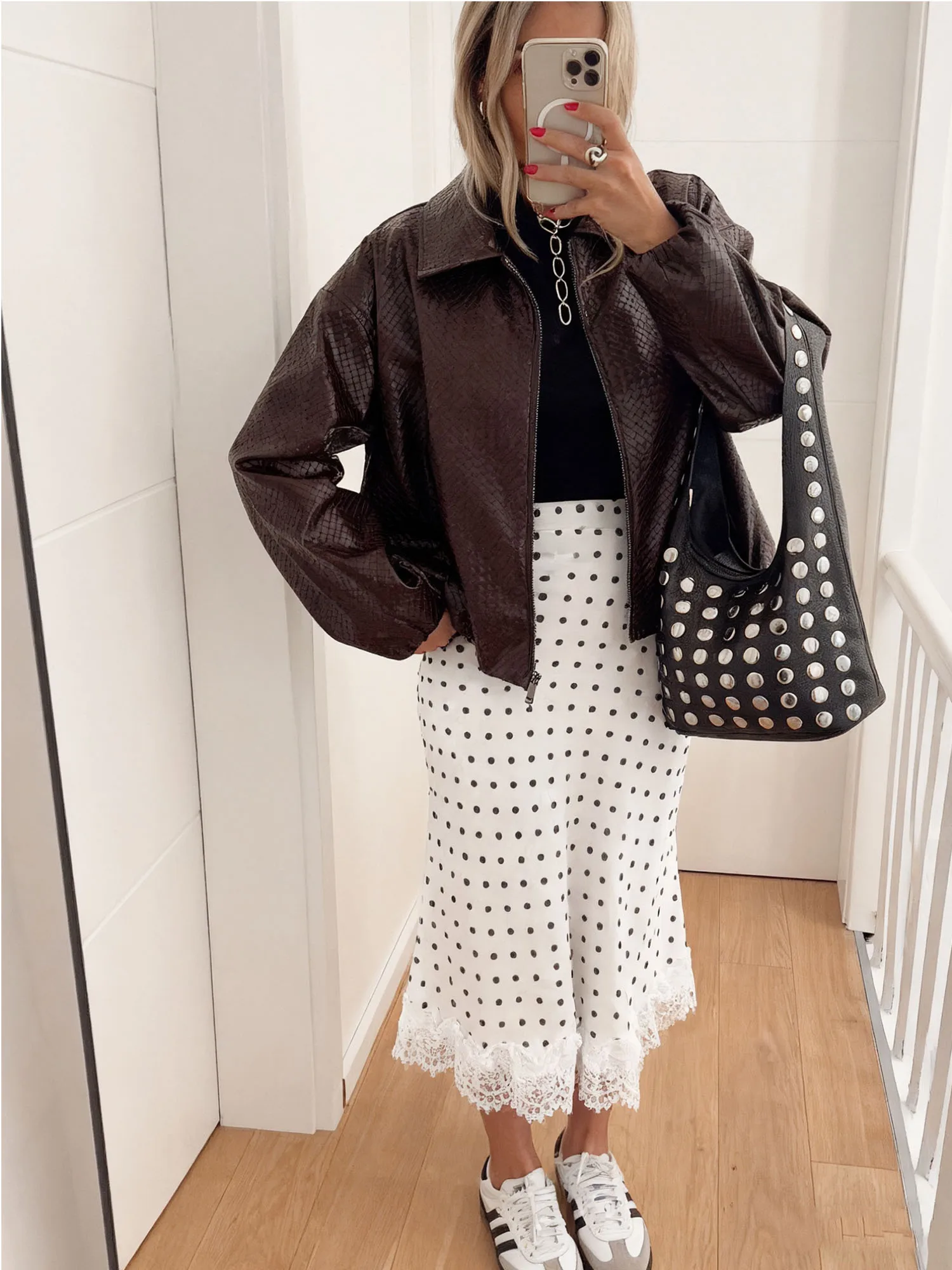 

Womens Summer Long Skirt Dot Print Lace Trim Hem Stylish Skirt for Casual and Party Wear