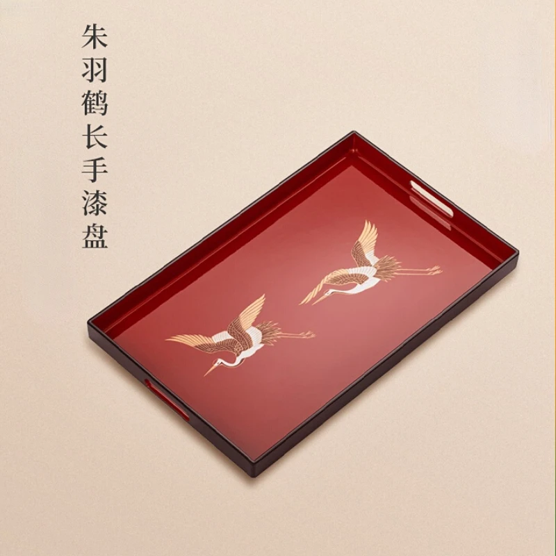 

Imported Yamaga Lacquerware Vermilion Crane Tea Tray Japanese Style Household Teaware Set Rectangular Dim Sum Tray Tea Plate