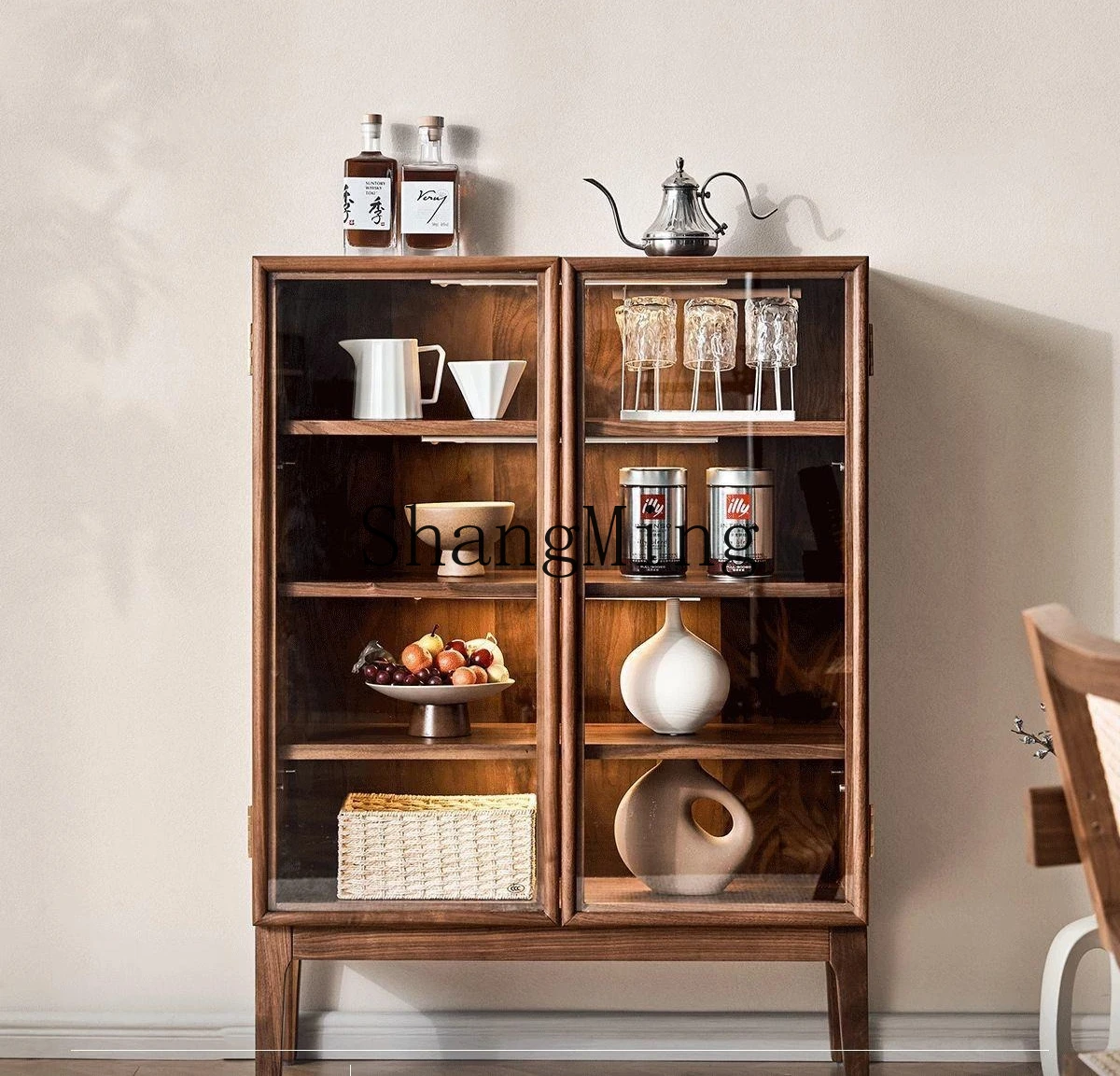 ZYY Household Black Walnut Side Cabinet Glass Tea Set Storage Cabinet Floor Display Entrance Cabinet