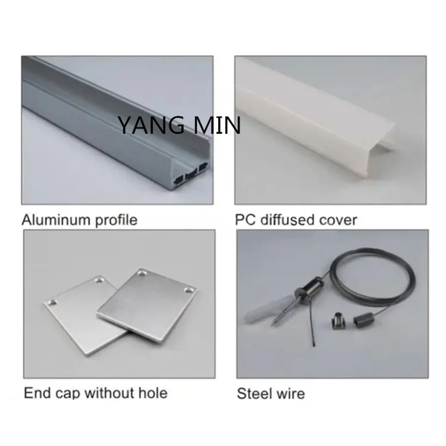 

2m/pcs 3 sides emitting round and square cover led strips light housing channel with end caps and suspended cables