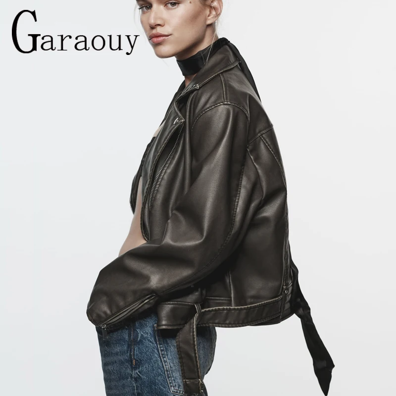 Women Autumn Oversized Vintage Loose Faux Leather Jacket with Belt Streetwear Female Zipper Retro Moto Biker Coat Outwear