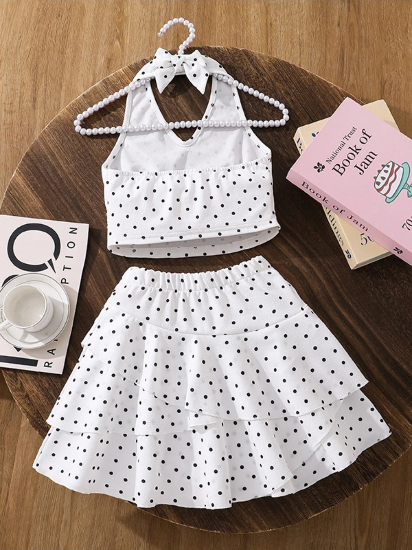 Girls' Set Children's Outfit Spring and Summer New Style French Polka Dot Temperament Sleeveless Hanging Neck Vest Cake Skirt