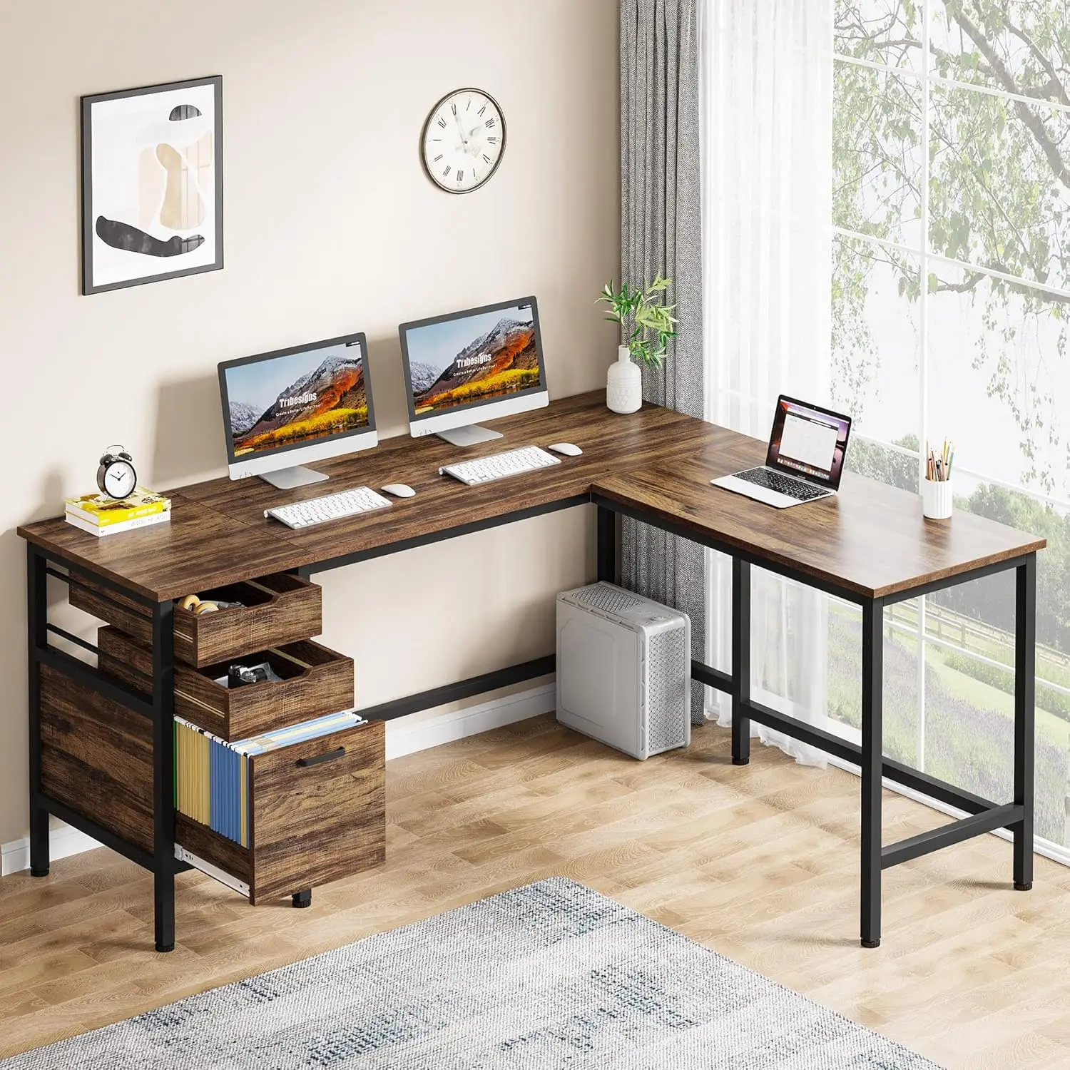 

L Shaped Desk with File Drawer Cabinet, 59 Inch Corner Desk L Shaped Computer Desk with Drawers