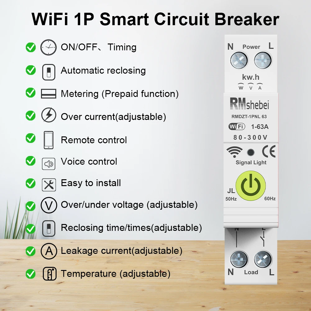 RMshebei Tuya WiFi Smart Circuit Breaker 1P + N Remote Control Timing Overvoltage And Undervoltage Overload Leakage Protection