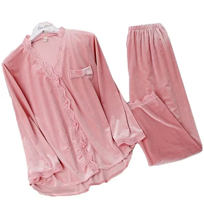 Conjunto de pijama suave de manga larga para mujer, cárdigan de encaje con cuello en V de Color sólido, ropa de casa informal a la moda, primavera y otoño