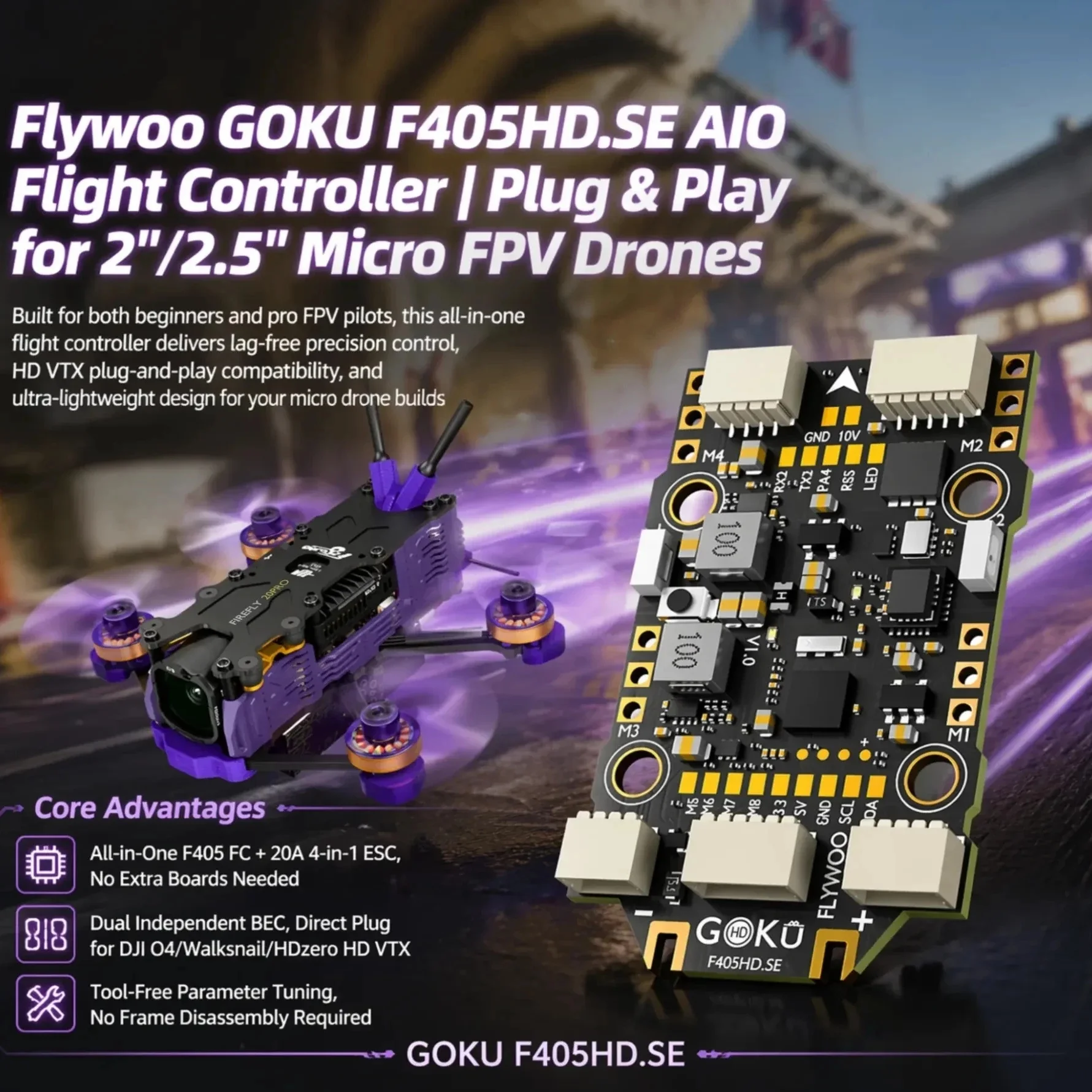 FLYWOO GOKU F405 HD SE 3-4S 20A AIO FC Plug & Play For DJI O4 O4 Pro Digital VTX Micro