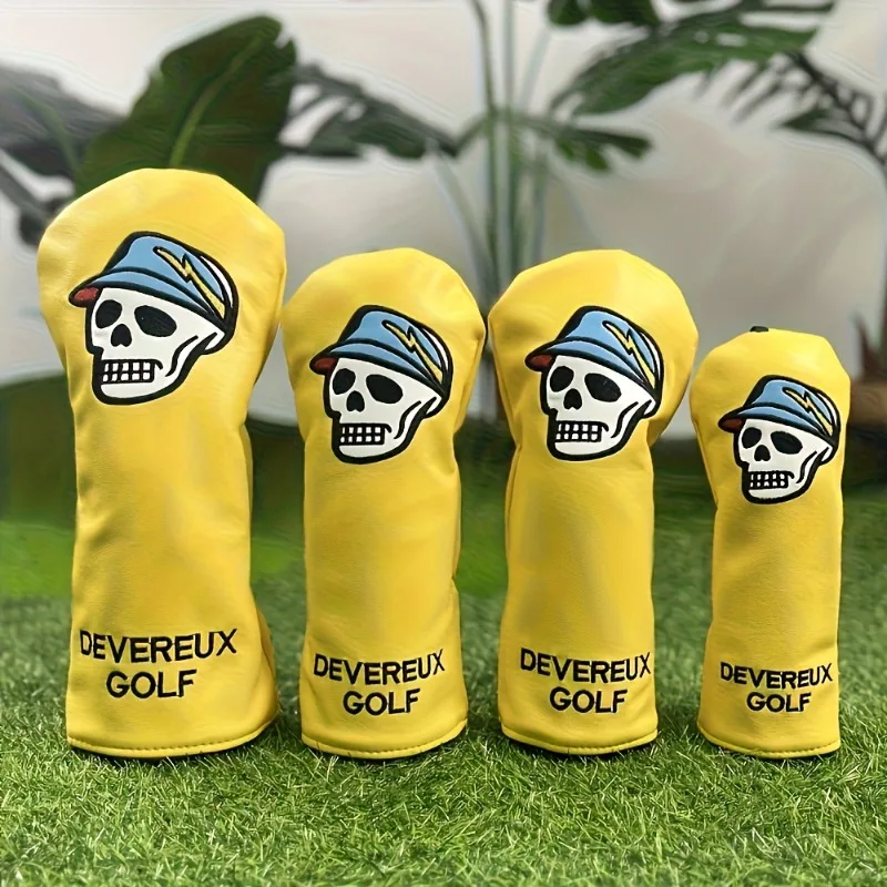 Yellow Golf Protective Case, Skull and Hat Pattern Design, Enhanced Club Protection, Golf Accessories, PU Material