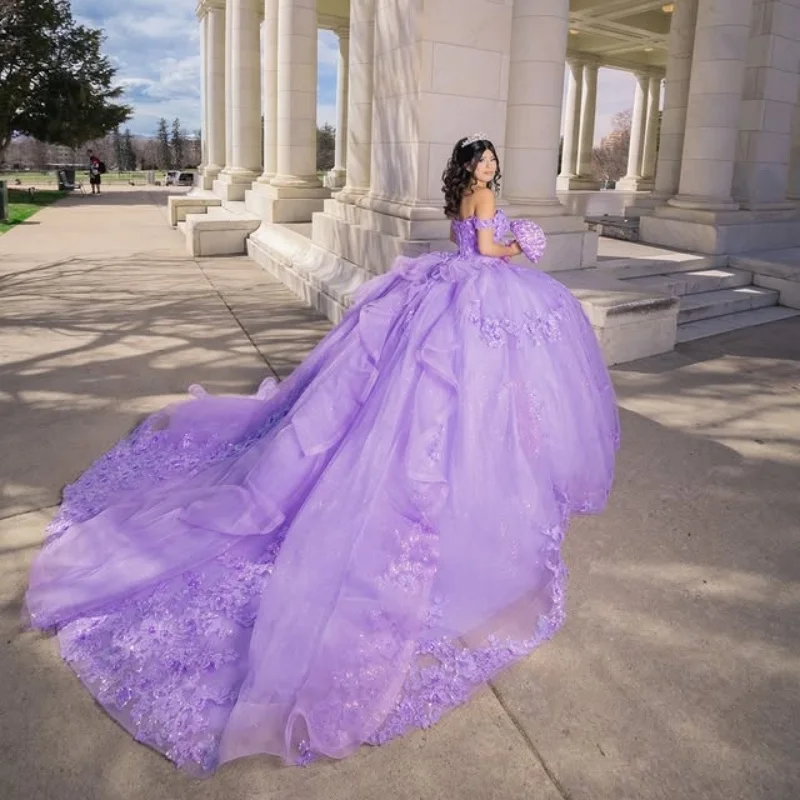 Customized Shiny Lavender Purple Off Shoulder Quinceanera Dress Lace applique crystal 3D flower vestidos de 15 Quinceanera