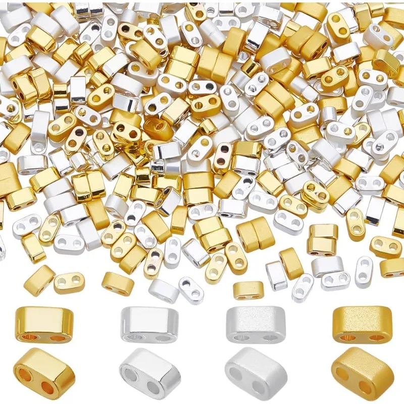 

400Pcs 2 Hole Half Tila Beads 24K Gold Plated Seed Beads Bulk Silver Rectangle Metallic Flat Mini Opaque Electroplated Hematite
