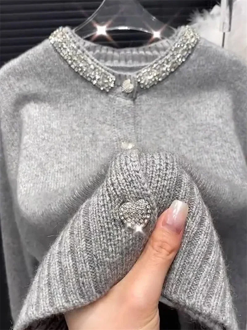 Diamonds Grey Knitted Cardigan Women\'s Autumn 2024 New Korean Fashion O-Neck Long Sleeve Gentle Soft Short Sweater Jacket Mujer