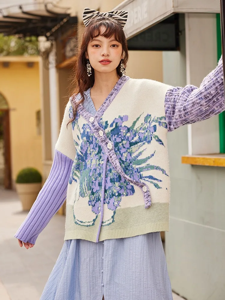 Hikigawa Autumn Painting Pattern Women Sweater Coats Casual Loose Button Up Knitted Cardigan Chic Fashion Jumpers Tops Mujer