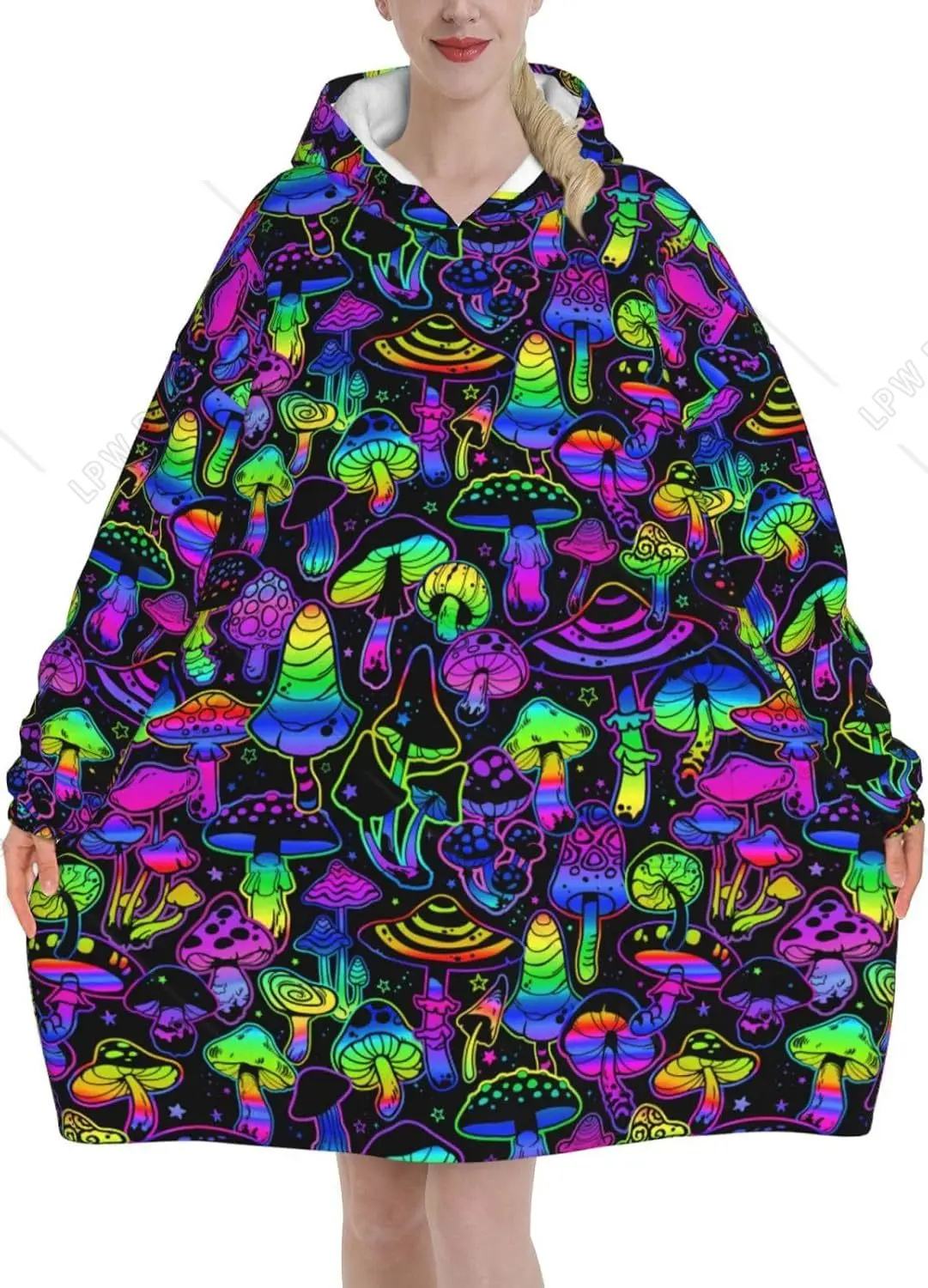 

Neon Mushrooms Pattern Purple Adult Flannel Wearable Plush Blanket With Pockets Ultra Soft Plush Warm Hoodie
