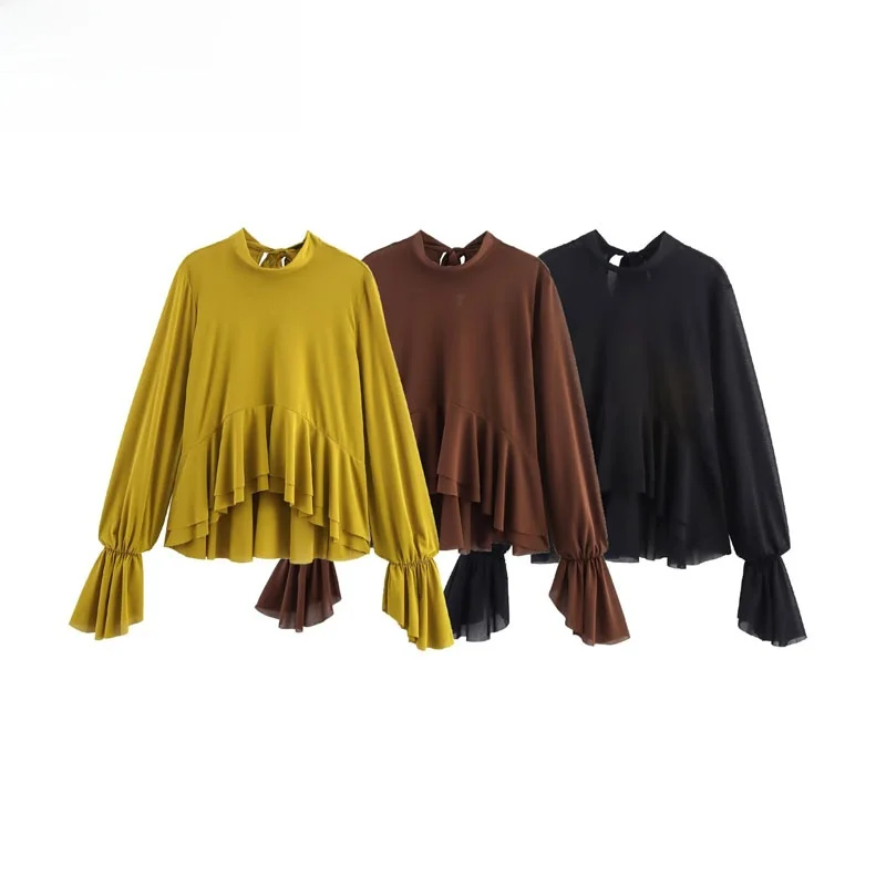 Faionable Layered Decorativo Drapey irt Top Donna Primavera Autunno Nuovo arrivo ZR Sle Comodo poliestere traspirante F...