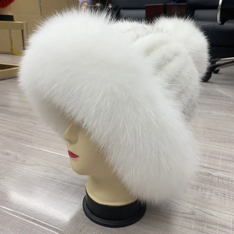 Real Fur Hat Winter For Women's Caps Natural Mink Fur With Fox Fur Hat Luxury Brand New Solid Russian Sun Knitting Buckets Hat