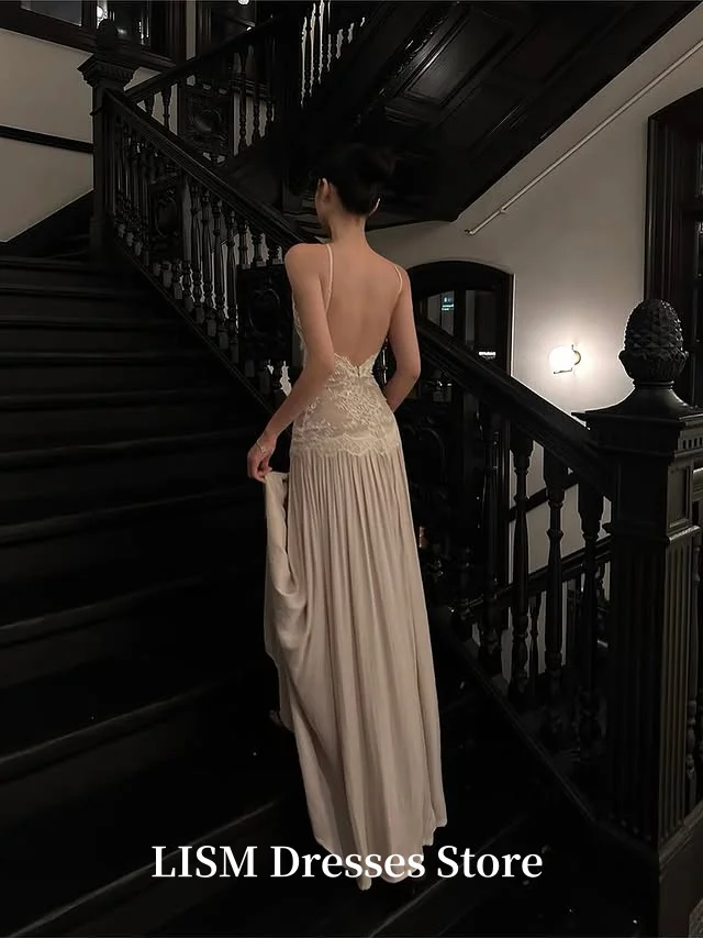 LISM Halter A-Line Evening Dresses Silk Lace Satin Backless Long Elegant Prom Dresses Customized robe de soirée Party Dresses