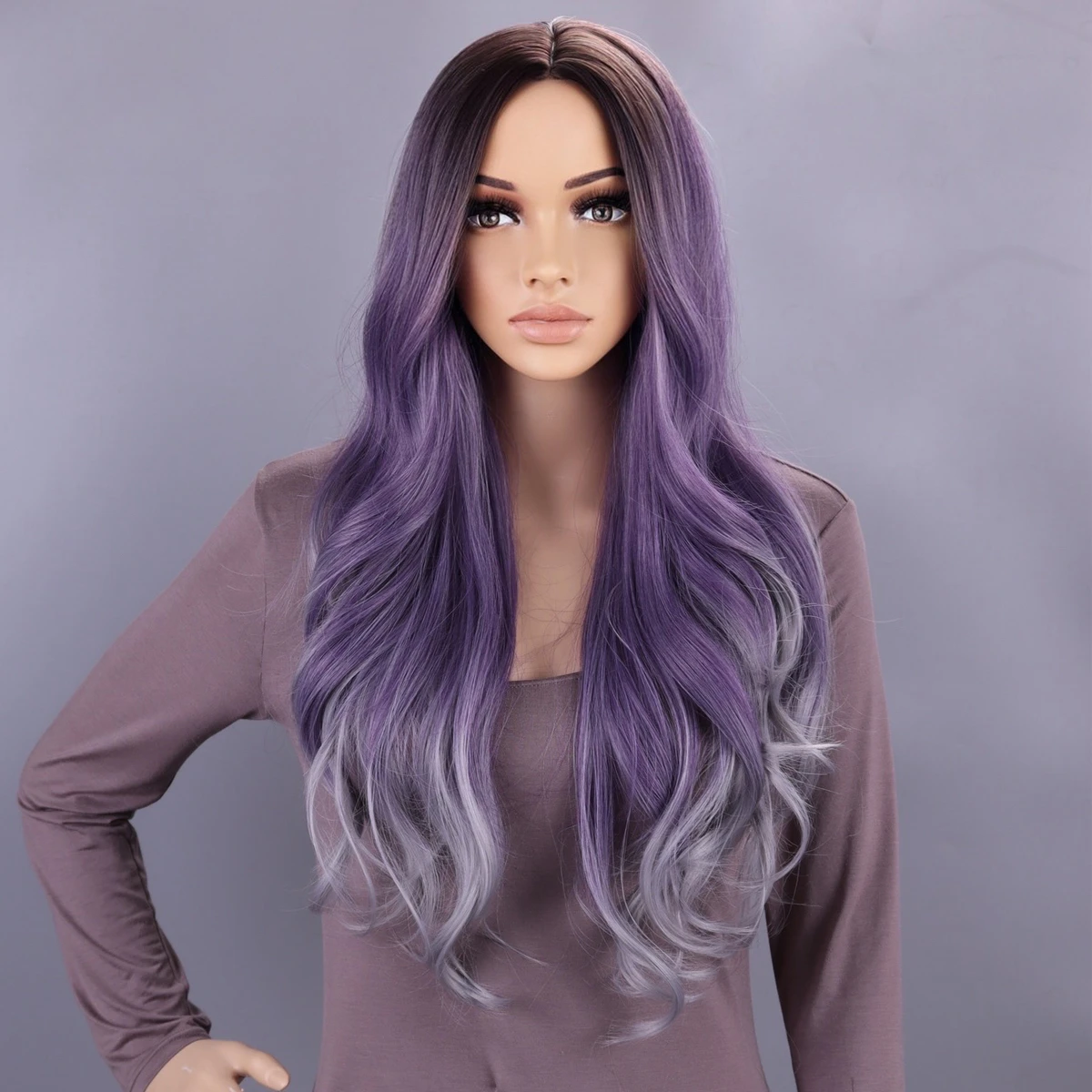 

g Wavy Middle Part Purple Natural for Women Heat Resistant Ombre Purple Gray Daliy Party 26 Inch wigs