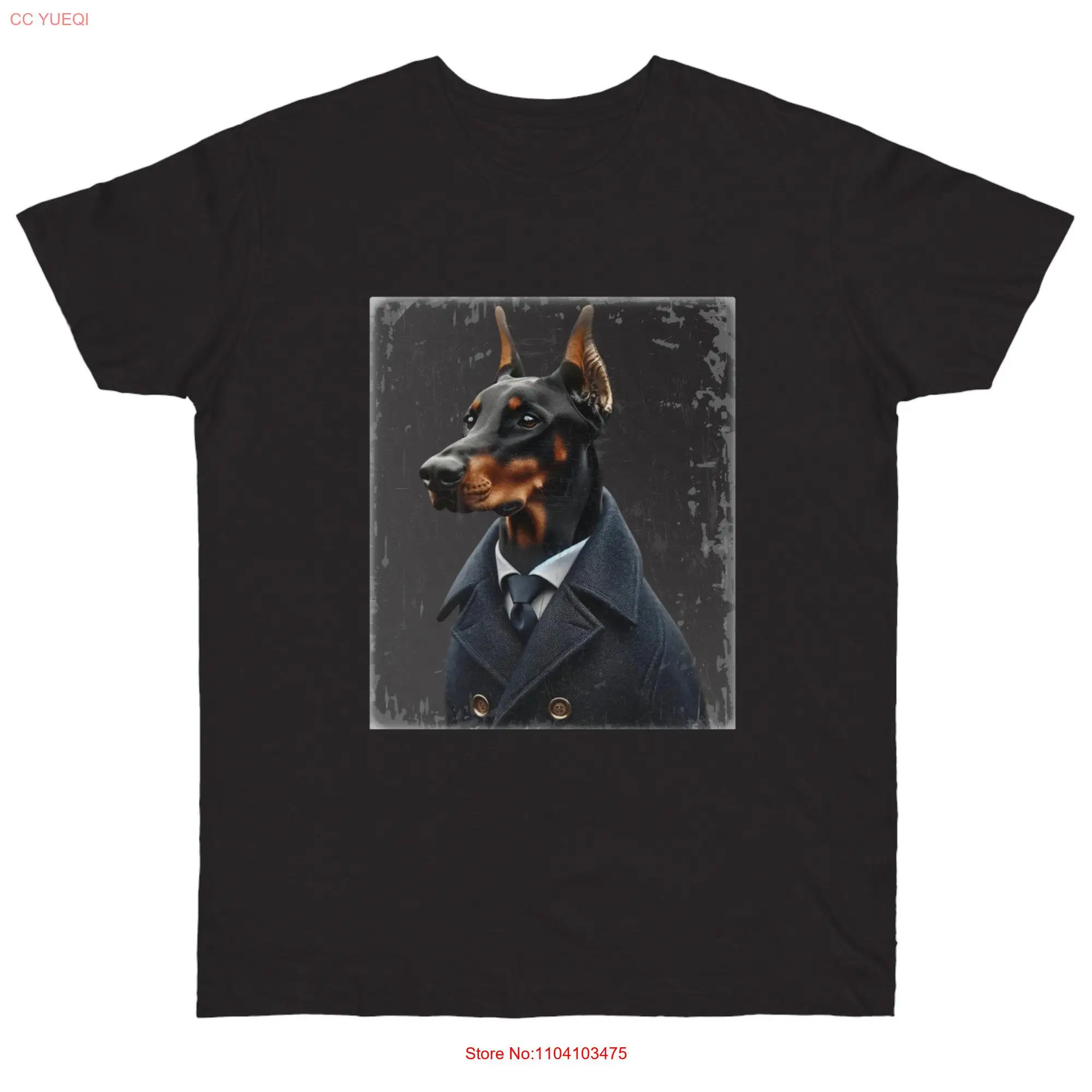 Doberman in a Coat T Shirt Regular Fit Black Dog Funny Top long or short sleeves