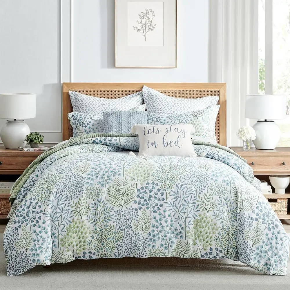 English orest Green Reversible King Duvet Cover Set (106x94in) with 2 Pillowcases (36x20in) - loral Bedding - Blue, Green - Cott