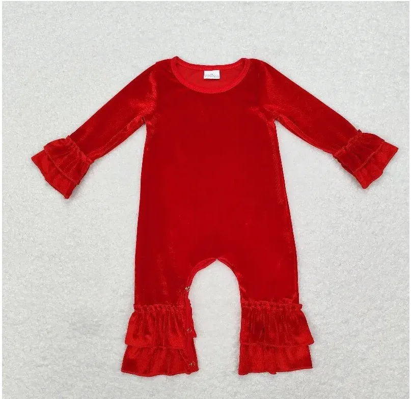 

Christmas baby girls romper wholesale boutique solid red gold velvet lace long sleeve onesie