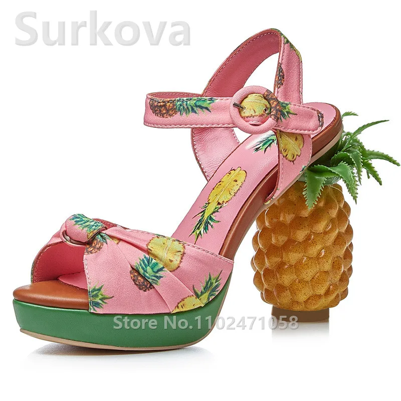 

Pineapple Strange Heels Sandals for Women Mixed Color Fruit Printed High Heels Summer Pumps Ladies Outside Leisure Shoes