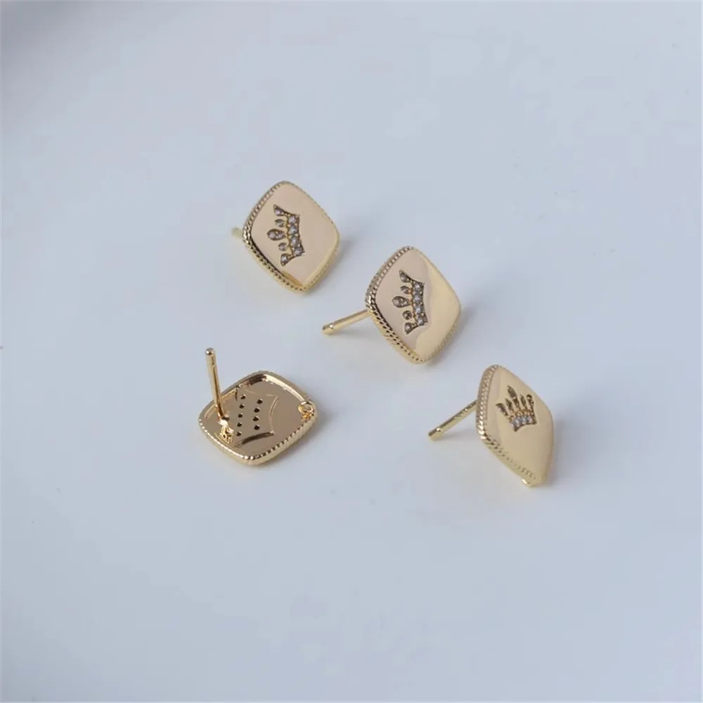 925 Silver Needle Stud Earrings, 14K Gold, 13mm Square with Hanging Inlaid Zircon, DIY Earrings