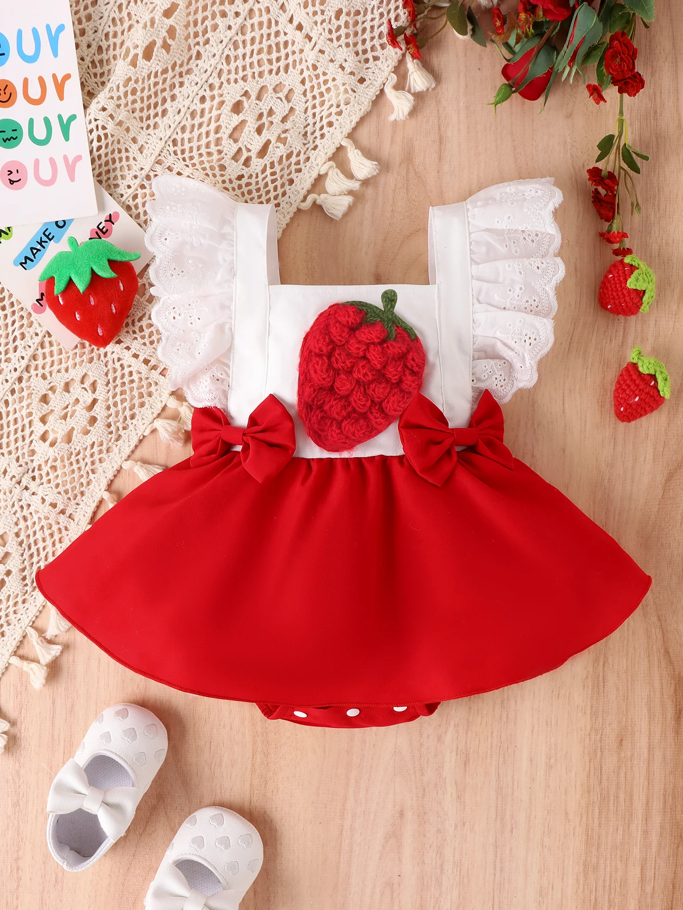 Summer 0-1 Year Old Baby Fashion Trend Cute Comfortable Soft Personality Strawberry One-Piece Dress Pattern Three-Dimensional