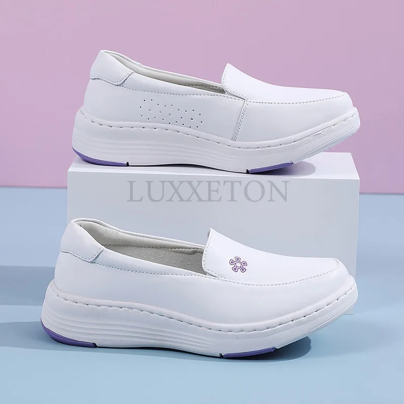 Women Flat Leather Nurse Shoes Casual White Wedge Soft Sole Slip on Moccasin Comfortable Hollow Work Shoe