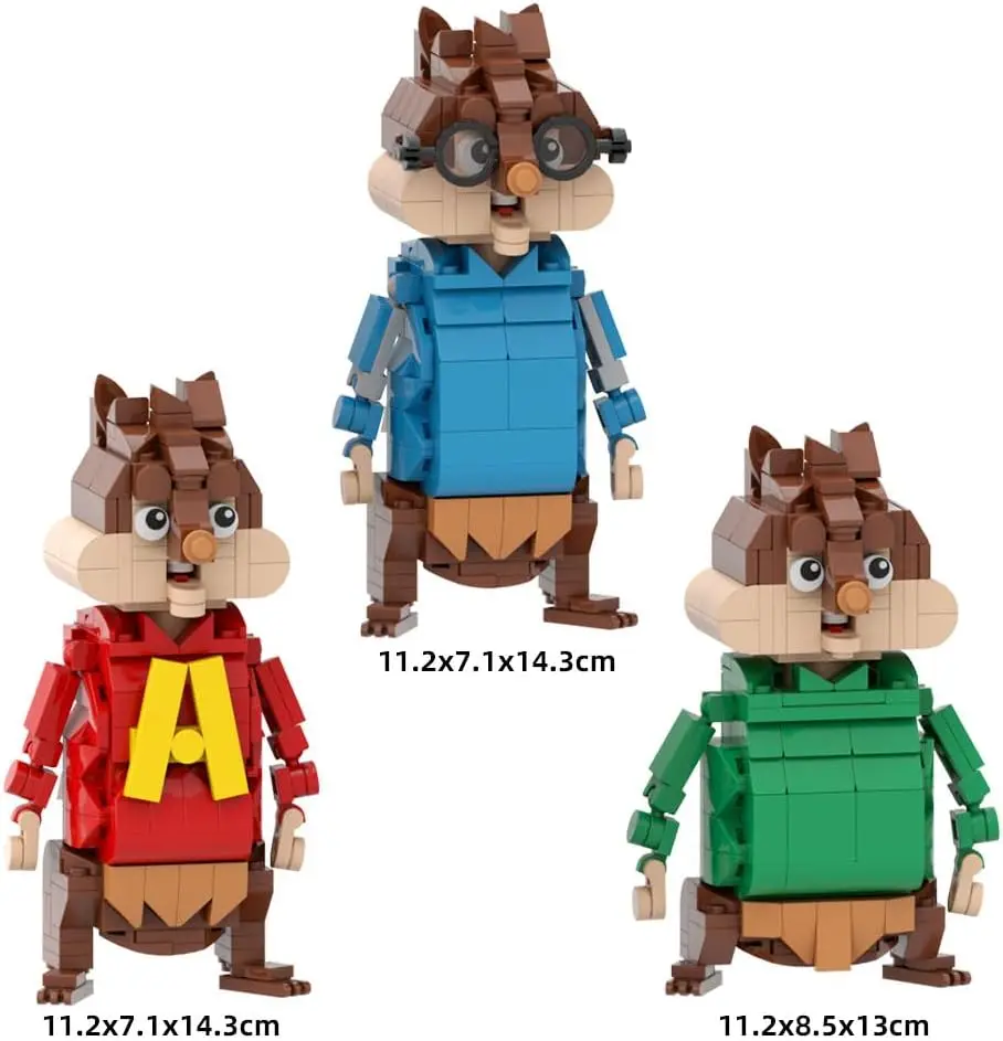 Chipmunk Building Blocks Set, 3 in 1 Alvin/Simon/Theodore Cute Squirrel Animal Model Toy Animated Movie Gift for Kids Boys Girls