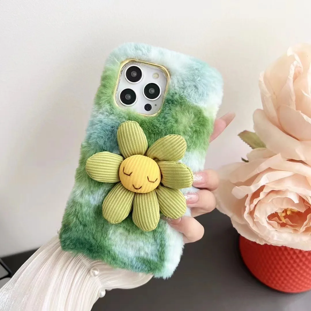 

Luxury Autumn winter Sunflower Furry Phone Cover For iPhone 11 12 13 14 15 ProMax 14 15 Plus Cute Couple Soft Silicone TPU Case