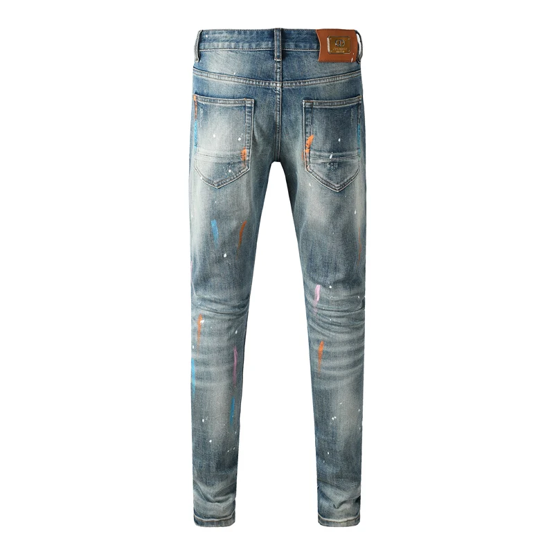 Men Light Blue Whisker Washed Colorful Brush‑Stroke Paint Mark Distressed Stretch Skinny Denim Jeans Hip‑Hop Streetwear Denim Je