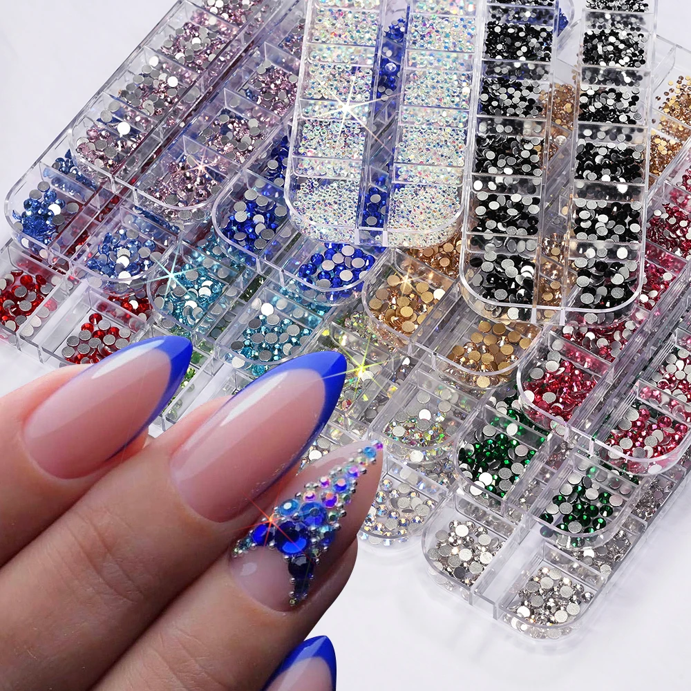 12 Gitter, 3D-weiße Nail-Art-Strasssteine und 2 Werkzeuge, gemischte Größen, flache Rückseite, rundes Glas, Diamant-Nagel-Charms, DIY-Handwerk, Maniküre-Zubehör – Detail 15