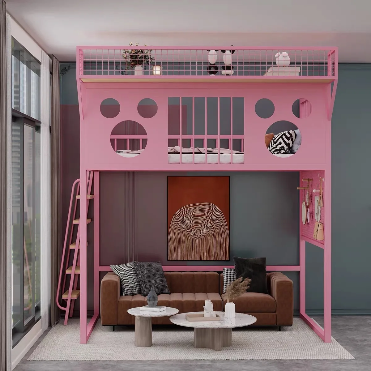 Wrought iron elevated bed sheet upper layer small apartment loft bed on the bed lower table cartoon iron frame