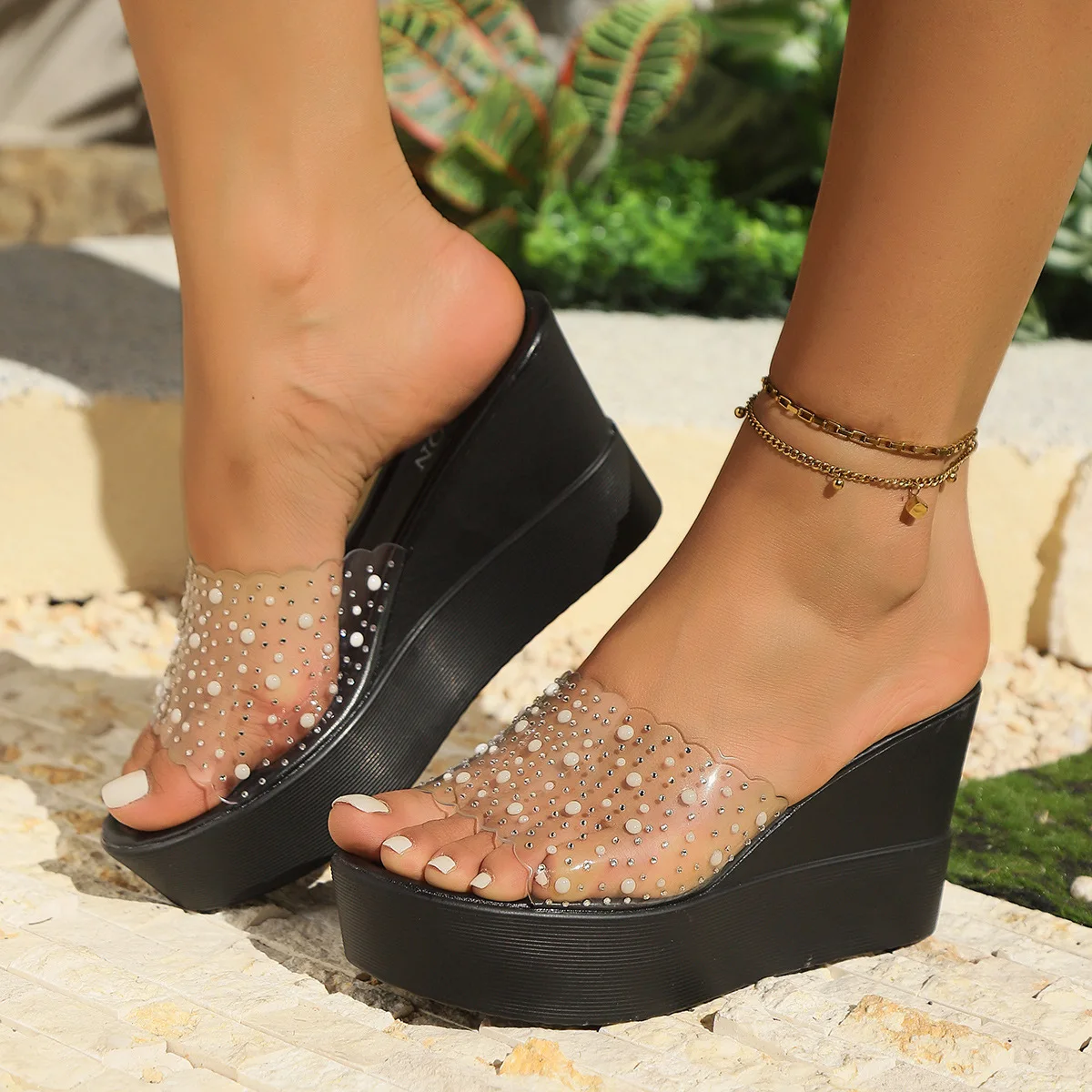 

New Summer Transparent Wedge Sandals For Women, Large Size Thick-soled Office Lady Platform Slippers For Outdoor Wear Elegant