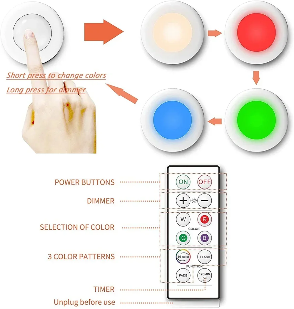 Sem fio sob o armário Night Light, 16 cores, Sensor de toque, escurecimento, a pilhas, RGB, lâmpada de parede, cozinha, decoração do armário