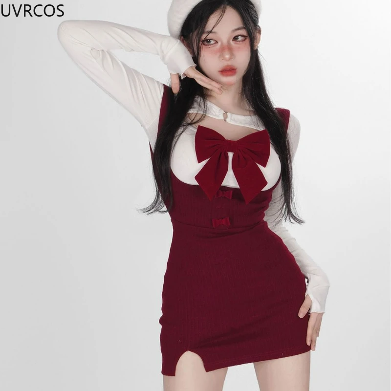 Kawaii Sweet Lolita Two Piece Set Women 2023 Japanese Sexy Hollow Out Bowhnot White Long Sleeve T Shirt Y2k Red Suspenders Dress