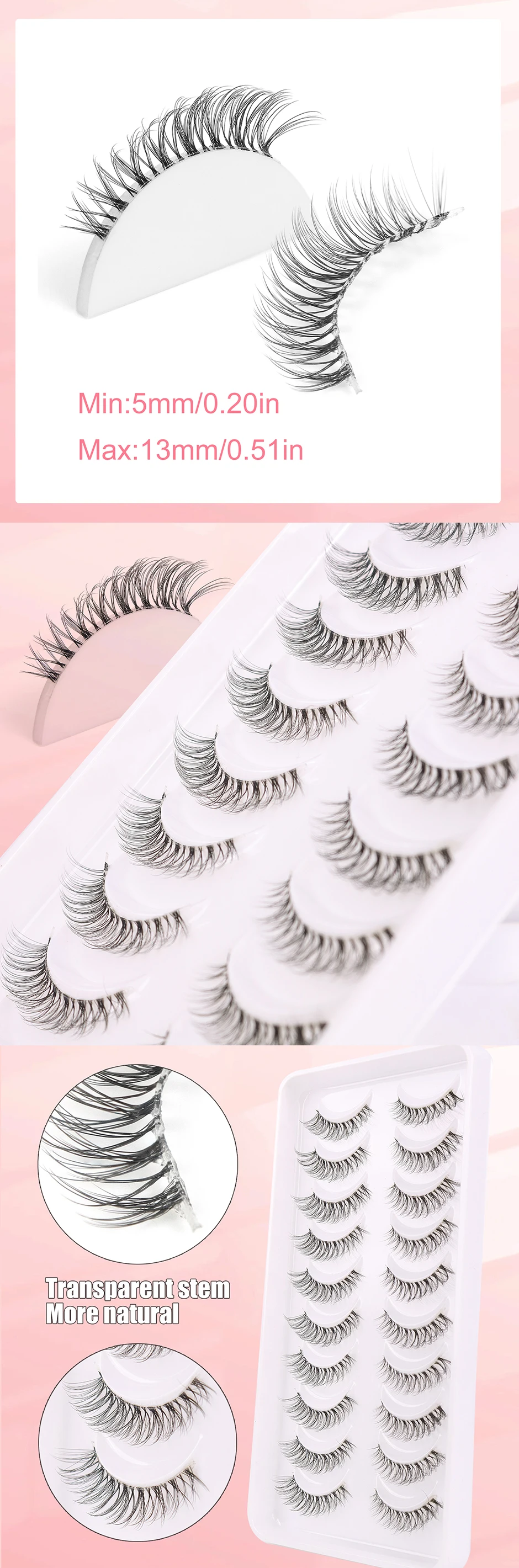 10 Paar natürliche D-Locken-transparente künstliche Wimpern im Cross-Stil eignen sich für Dating/Arbeit/Meetings – Detail 2