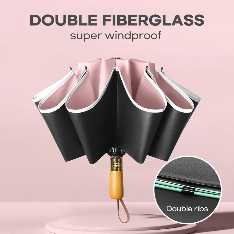 Automatic Reverse Umbrella Men Women UV Protection Wooden Handle Sun Umbrella Windproof Strong 10K Folding Umbrella Parasol