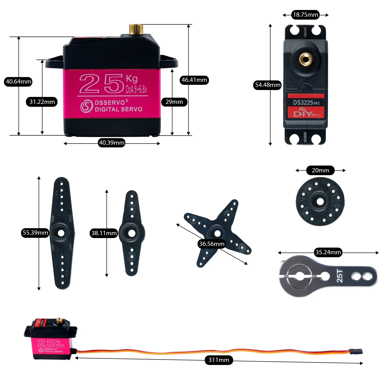 Servomotor digital ds3225 25kg, 180/270 graus de alto torque, engrenagem de metal completa, servo rc com servo à prova d'água 25t para carros baja 1/8