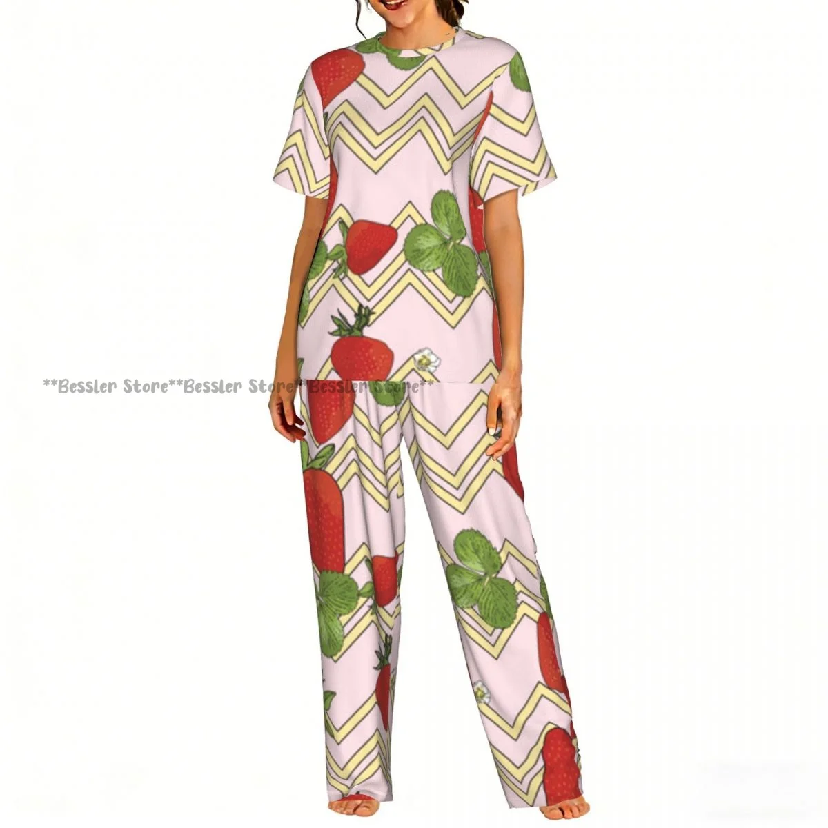 

Женские пижамные комплекты для дома и сна с принтом пастельных клубничек и цветов, с коротким рукавом