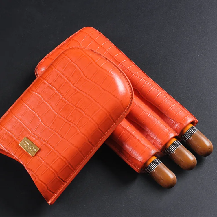 

Crocodile Pattern design Leather Cigar Case, 3 Tubes Travel Cigar Humidor Portable For Cuban cigars Orange/Black JF-501