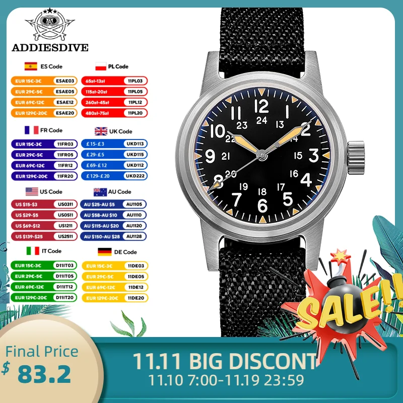 ADDIESDIVE New Vintage Men's Watch 36mm Stainless NH35 Automatic Mechanical Watches 20Bar Waterproof C3 Luminous Sports Watch