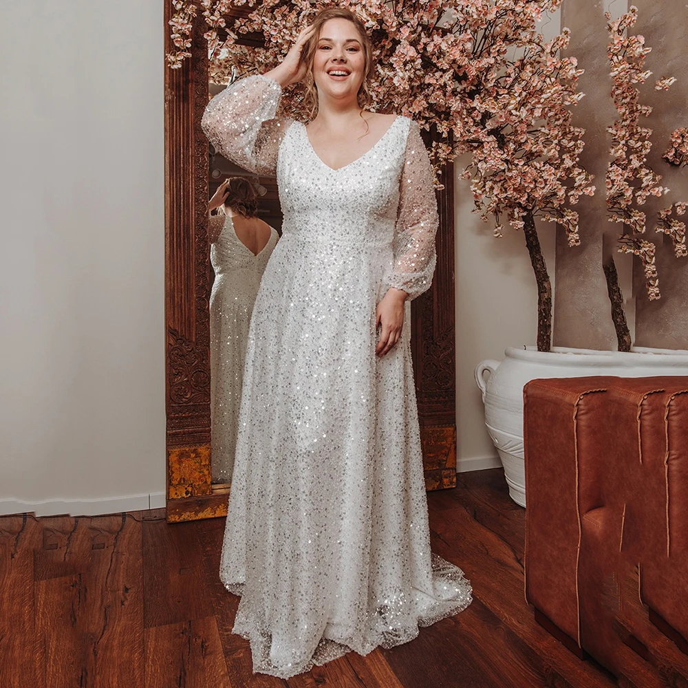 Luxury Beaded Plus Size Wedding Dresses A-line Bridal Gown Deep V-neck Long Sleeves Bride Dress Customized Robe de Mariee