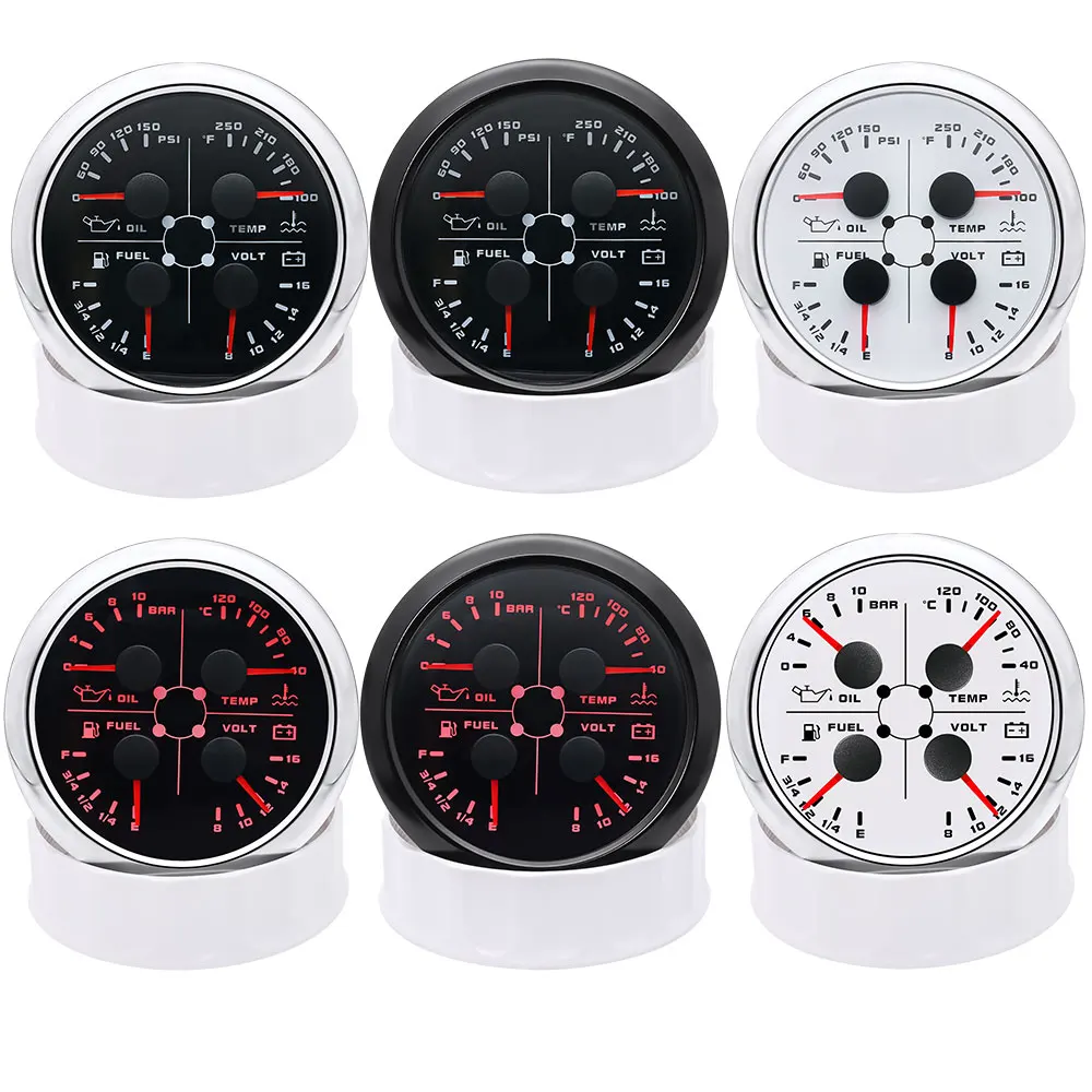 Waterproof 85mm 4 in 1 Oil Pressure Gauge Water Temp Fuel Level Voltmeter with Light Alarm 0-190ohm for Car Boat Yacht 12V 24V