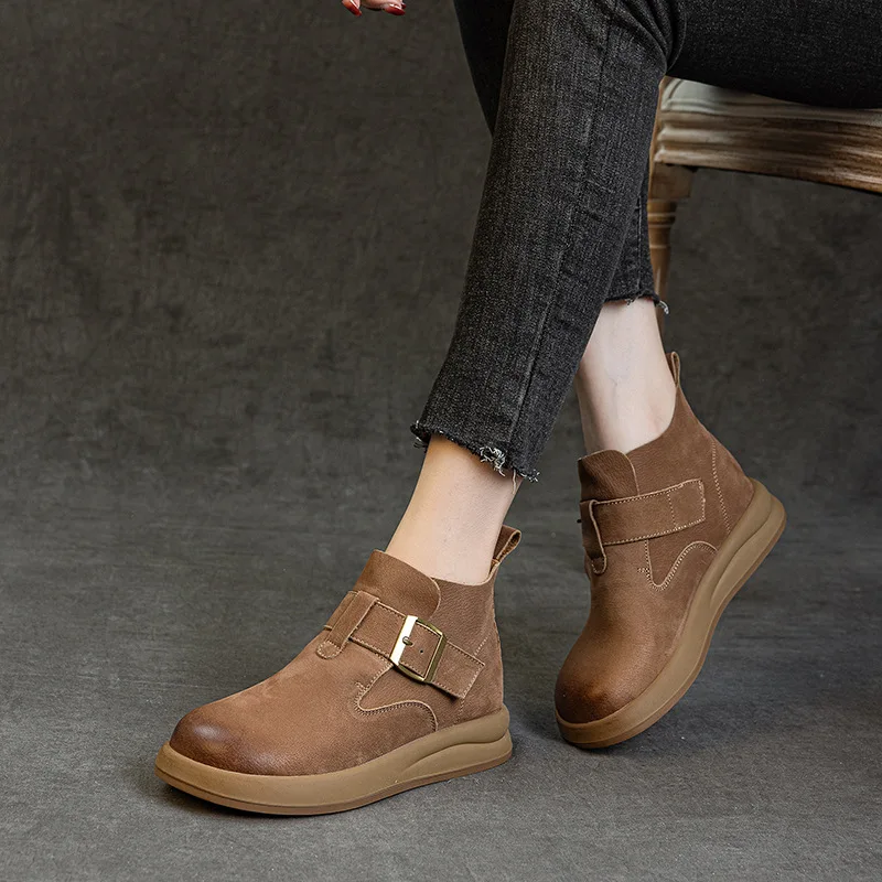 

Женские кожаные ботинки в ретро-стиле на толстой подошве, высокие, повседневные, художественного дизайна, осенне-зимняя новинка, с плюшевой подкладкой, короткие.