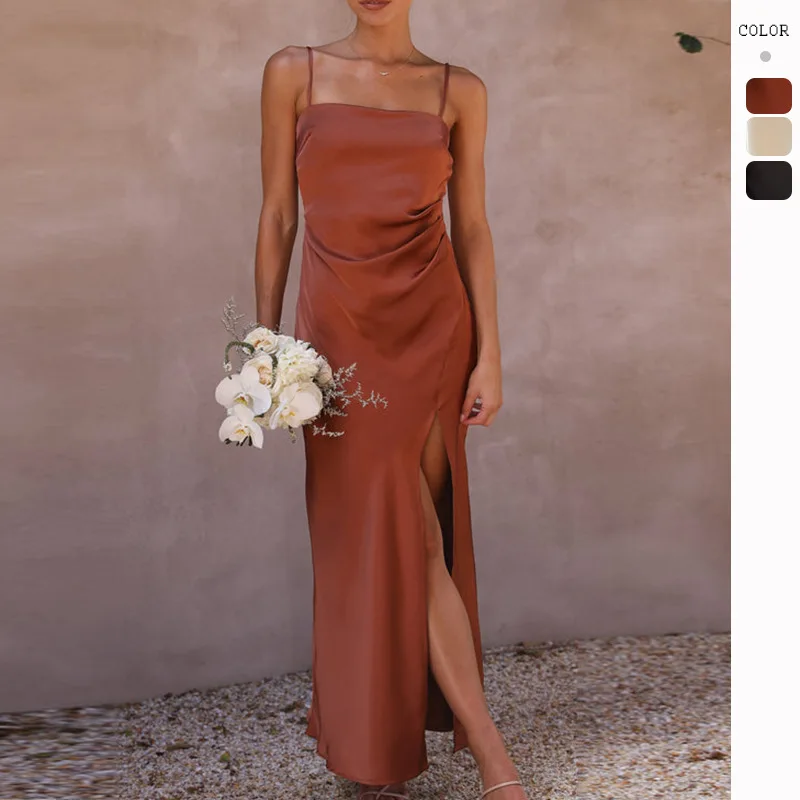 Summer Dress Women Fashion Version Casual Sexy Solid Color Satin Side Split Mid-Length Sleeveless Suspender Dress