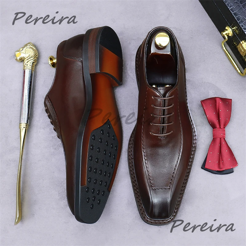 

Italian Design Genuine Leather Men Shoes Retro Square Toe Lace Up Oxfords British Wedding Business Dress Shoes Plus Size 46