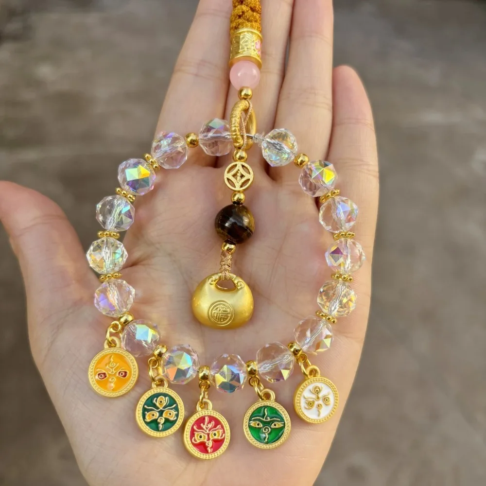 Gold Foil Car Mirror Dangle Pendant Lucky Lock Five Paths Wealth Goddess Mobile Phone Chain Beads Hangings Decor Colorful Abacus
