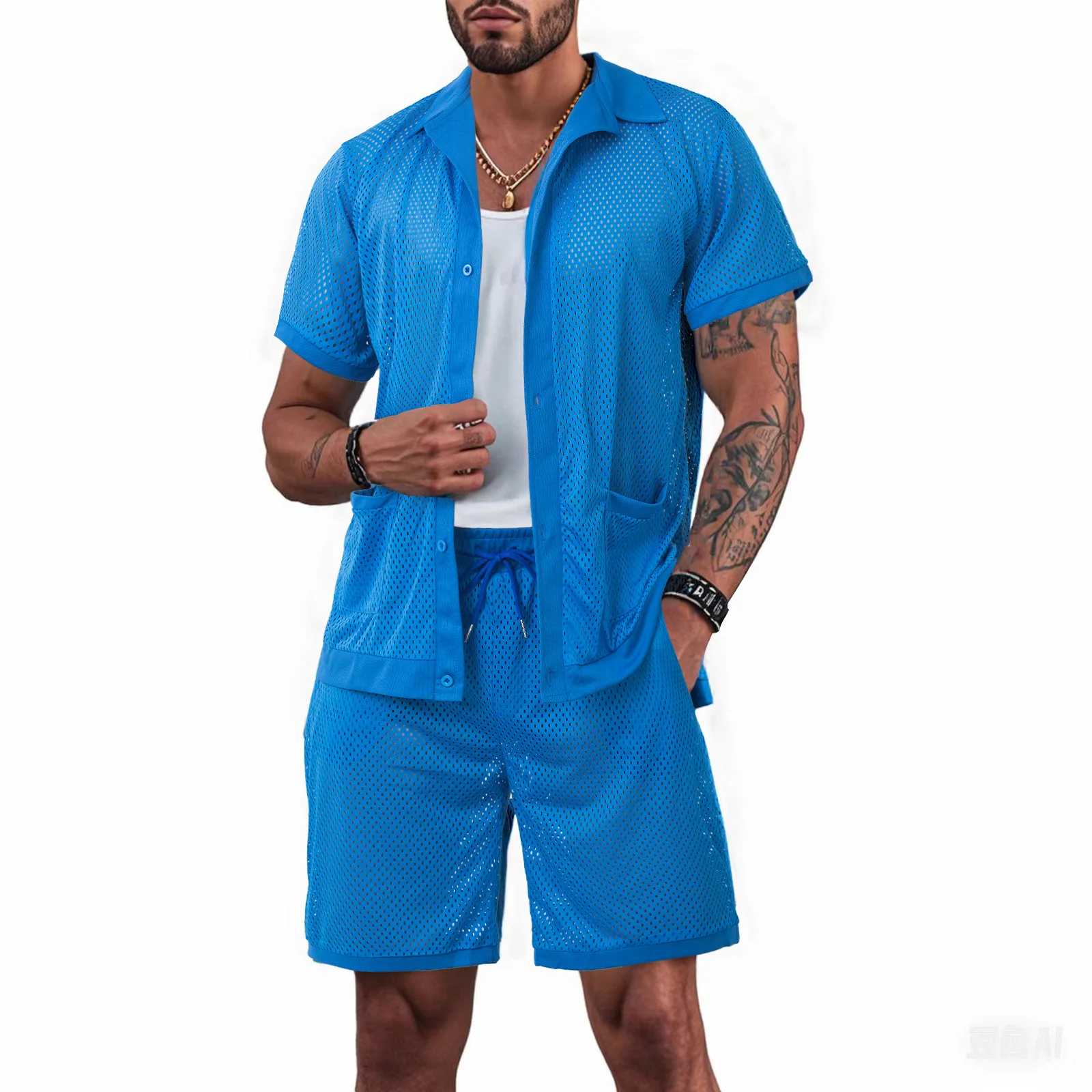 Ice Sports Suit, Mesh Breathable Casual Suit, Lapel Short Sleeved Quick Drying Shorts Two-piece Set, Men's Fitness Suit