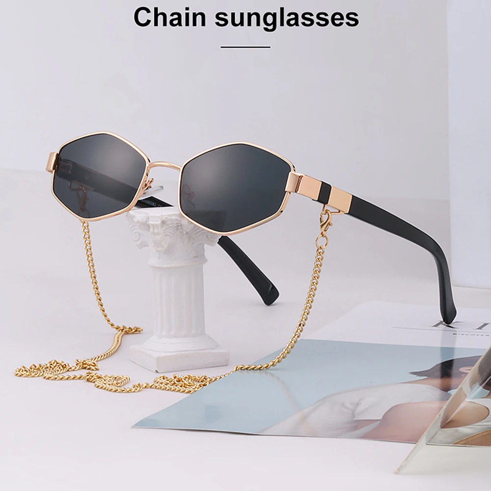 2024 Punk Sunglasses with Glasses Chain Brand Designer Retro Sun Glasses Women Unique Polygon Eyewear Male Shade Oculos De Sol